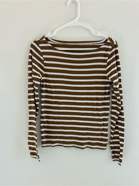 GAP Brown & White Striped Long-Sleeve Boatneck Tee